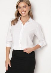 Biała Klasyczna Koszula z Bawełny i Wiskozy Yelvira. Białe koszule damskie Born2be, l, bez wzorów, z bawełny, klasyczne, bez kołnierzyka, bez ramiączek. Za 24.99 zł.