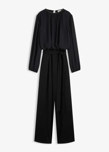 Szyfonowy kombinezon z wiązaniem. Czarne kombinezony damskie bonprix, bez wzorów, z szyfonu, eleganckie, bez kołnierzyka, bez ramiączek. Za 269.99 zł.
