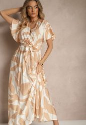 Jasnobeżowa Rozkloszowana Sukienka z Wiskozy z Kopertowym Dekoltem i Paskiem Kerriana. Brązowe sukienki damskie Renee, na co dzień, l, bez wzorów, z wiskozy, eleganckie, bez kołnierzyka, bez ramiączek, maxi, kopertowe. W wyprzedaży za 79.99 zł.