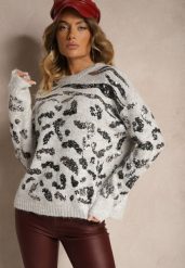 Szary Sweter z Wełną Ozdobiony Cekinowym Wzorem w Panterkę Issanoria. Szare swetry klasyczne damskie Renee, m, z jeansu, bez kołnierzyka. Za 149.99 zł.