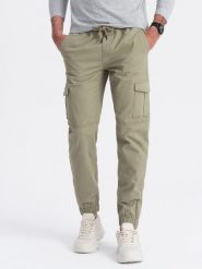 Spodnie męskie JOGGERY z zapinanymi kieszeniami cargo - khaki V1 OM-PAJO-0123 - XXL. Brązowe spodnie materiałowe męskie Ombre Clothing, bez wzorów, z bawełny, klasyczne. Za 107.99 zł.