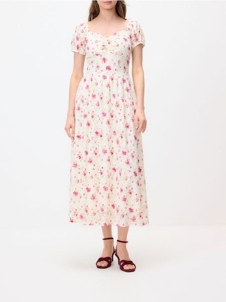 Koronkowa sukienka w kwiaty - wielobarwny. Sukienki damskie Reserved, l, bez wzorów, z dzianiny, bez kołnierzyka, bez ramiączek, rozkloszowane. Za 139.99 zł.