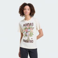 KOSZULKA Z GRAFIKĄ ADIDAS x FARM RIO. Brązowe bluzki sportowe damskie Adidas, l, bez wzorów, z bawełny, bez ramiączek. Za 149.00 zł.