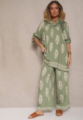 Zielony Komplet Oversize w Stylu Rustykalnym Długa Koszula i Szerokie Spodnie Mepilara. Zielone koszule damskie Renee, bez wzorów, eleganckie. Za 89.99 zł.
