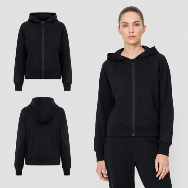 BLUZA DAMSKA DRESOWA 4F ROZPINANA Z KAPTUREM Z MODALEM KOLOR CZARNY. Czarne bluzy sportowe damskie 4f, l, bez wzorów, z dresówki, bez ramiączek, z kapturem. Za 199.99 zł.