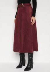 Bordowa Rozkloszowana Wiskozowa Spódnica z Bawełną Ozdobiona Paskiem Nawedea. Czerwone spódniczki damskie Born2be, l, bez wzorów, z bawełny, eleganckie, midi, rozkloszowane. Za 139.99 zł.