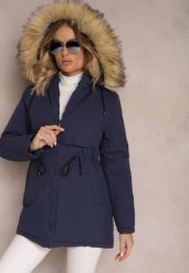 Granatowa Kurtka Parka z Kapturem z Futerkiem Bimi. Niebieskie kurtki damskie Renee, na jesień, l, z aplikacjami, z kapturem. Za 169.99 zł.