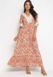 Pomarańczowa Maxi Sukienka w Stylu Boho z Wiskozy Ozdobiona Koronką i Falbanką Kamrius. Brązowe sukienki damskie Born2be, l, bez wzorów, z koronki, boho, bez kołnierzyka, bez ramiączek, maxi. W wyprzedaży za 95.99 zł.