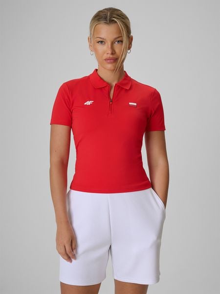 4F Koszulka kibica polo damska - czerwona XL. Czerwone bluzki damskie 4f, xl, bez wzorów, z materiału, bez kołnierzyka, bez ramiączek. W wyprzedaży za 69.99 zł.