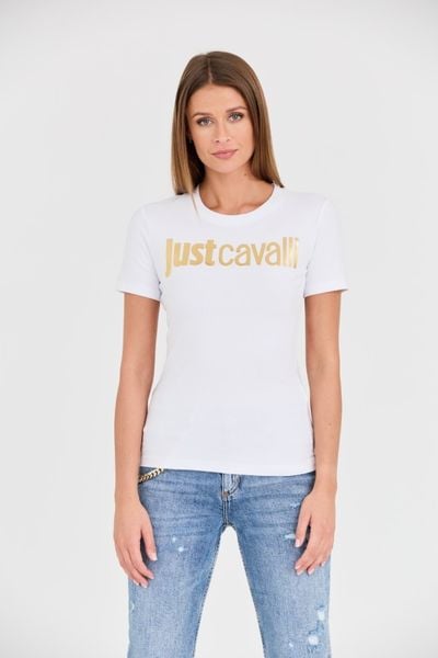 JUST CAVALLI Biały damski t-shirt Logo Gold, Rozmiar L. Białe t-shirty damskie Just Cavalli, l, bez wzorów, bez kołnierzyka. W wyprzedaży za 247.99 zł.