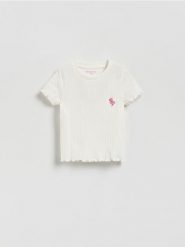Prążkowany t-shirt - złamana biel. Koszulki dziewczęce Reserved, m, bez wzorów, z bawełny, bez ramiączek. Za 22.99 zł.