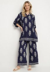 Granatowy Komplet w Stylu Boho Oversize Długa Koszula i Luźne Spodnie Meppina. Niebieskie koszule damskie Born2be, bez wzorów, boho. Za 119.99 zł.
