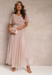 Różowa Koktajlowa Sukienka Maxi z Ozdobną Falbaną na Górze Cailey. Czerwone sukienki damskie Renee, na lato, bez wzorów, z materiału, bez kołnierzyka, bez ramiączek, maxi, rozkloszowane. W wyprzedaży za 132.99 zł.