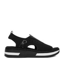 Sandały Rieker. Czarne sandały damskie Rieker, bez wzorów, bez obcasa, na koturnie. Za 319.99 zł.