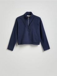 Bluza z rozpinanym półgolfem - granatowy. Niebieskie bluzy bez kaptura damskie Reserved, l, z bawełny. W wyprzedaży za 99.99 zł.