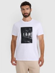 4F T-shirt regular z nadrukiem męski - biały M. Białe t-shirty męskie 4f, m, bez wzorów, z bawełny, bez kołnierzyka. Za 69.99 zł.