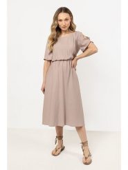 Awama Sukienka w kolorze beżowym rozmiar: XL. Brązowe sukienki damskie Awama, xl, bez wzorów, bez kołnierzyka, bez ramiączek, midi. Za 149.31 zł.
