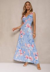 Niebieska Plisowana Sukienka o Rozkloszowanym Fasonie na Szerokich Ramiączkach Nitanela. Niebieskie sukienki damskie Renee, na imprezę, l, bez wzorów, z materiału, eleganckie, bez kołnierzyka, bez ramiączek, maxi, plisowane. W wyprzedaży za 111.99 zł.