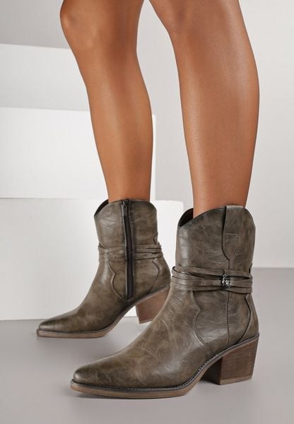 Ciemnobeżowe Botki Kowbojki na Stożkowym Obcasie z Cholewką z Rzemykiem Zoiana. Brązowe botki damskie Renee, z zamszu, bez obcasa, na obcasie, bez zapięcia. Za 149.99 zł.