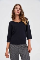 Sweter z rękawami 3/4 granatowy. Niebieskie swetry klasyczne damskie MOODO, l, z poliamidu, bez kołnierzyka. Za 129.99 zł.