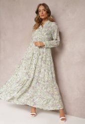 Miętowa Koszulowa Sukienka Maxi w Kwiaty z Falbaną na Dole Nilmisse. Zielone sukienki damskie Renee, l, bez wzorów, bez kołnierzyka, bez ramiączek, maxi, koszulowe. W wyprzedaży za 151.99 zł.