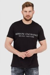 ARMANI EXCHANGE Czarny t-shirt męski z aplikacją z logo, Rozmiar S. Czarne t-shirty męskie Armani Exchange, l, z aplikacjami, prążkowane, bez kołnierzyka. W wyprzedaży za 115.99 zł.