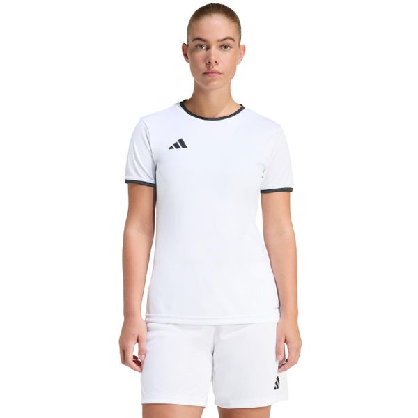 Koszulka damska adidas Entrada 26 Jersey. Białe bluzki damskie Adidas, bez wzorów, z jersey, klasyczne, bez kołnierzyka, bez ramiączek. Za 60.99 zł.