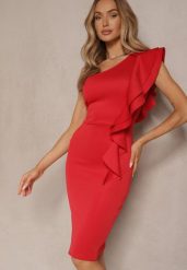 Czerwona Sukienka na Jedno Ramię z Falbaną Lenoska. Czerwone sukienki damskie Renee, na imprezę, na lato, l, bez wzorów, eleganckie, z asymetrycznym kołnierzem, bez ramiączek, midi, asymetryczne. W wyprzedaży za 103.99 zł.
