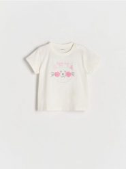 T-shirt z haftem - złamana biel. Koszulki dziewczęce Reserved, m, bez wzorów, z bawełny, bez ramiączek. W wyprzedaży za 19.99 zł.