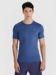 4F Koszulka do biegania slim szybkoschnąca męska - granatowa S. Niebieskie t-shirty sportowe męskie 4f, m, z dzianiny, bez ramiączek, do biegania. W wyprzedaży za 99.99 zł.