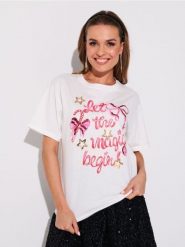 Bawełniana koszulka z napisem świątecznym - kremowy. Białe t-shirty damskie Sinsay, l, bez wzorów, z bawełny, bez kołnierzyka. Za 25.99 zł.