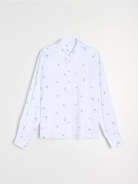 Koszula z wiskozy - biały. Białe koszule damskie Sinsay, l, bez wzorów, z wiskozy, bez kołnierzyka, bez ramiączek. Za 39.99 zł.