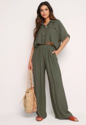 Ciemnozielony Wiskozowy Komplet 2-Częściowy Luźna Koszula Spodnie z Szerokimi Nogawkami Ulvitela. Zielone koszule damskie Born2be, bez wzorów, z wiskozy, eleganckie, bez kołnierzyka, bez ramiączek. Za 139.99 zł.