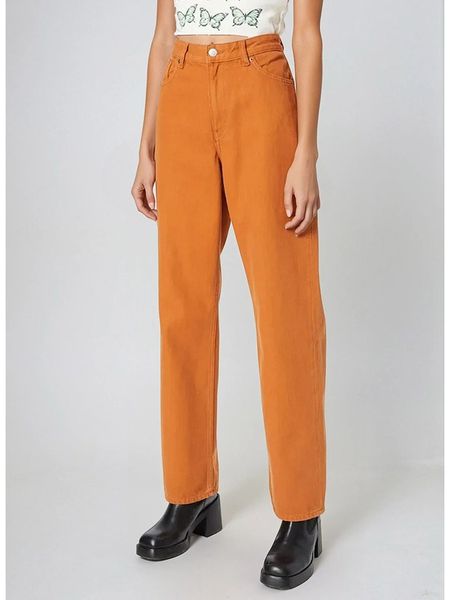 Monki Dżinsy - Regular fit - w kolorze pomarańczowym rozmiar: W27. Pomarańczowe jeansy damskie Monki, z podwyższonym stanem. Za 65.69 zł.