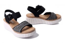 RIEKER 69176-00 black, sandały damskie. Czarne sandały damskie Rieker, bez wzorów, bez obcasa, na koturnie. Za 230.93 zł.