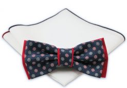 Granatowo-Czerwona Mucha z Białą Poszetką - Chattier, Męska. Niebieskie krawaty i muchy męskie Chattier, bez wzorów, eleganckie. Za 59.00 zł.