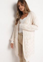 Jasnobeżowy Niezapinany Kardigan Przed Kolano w Paski Chevron Afesura. Brązowe kardigany damskie Born2be, bez wzorów, z dzianiny. Za 99.99 zł.