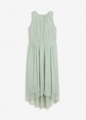 Sukienka z dłuższym tyłem z delikatnego tiulu i koronki. Zielone sukienki dziewczęce bonprix, bez wzorów, z koronki, eleganckie, bez ramiączek. Za 129.99 zł.