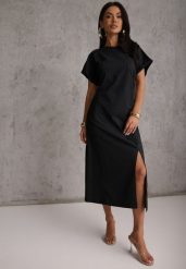 Czarna Rozkloszowana Sukienka Zdobiona Drapowaniem w Talii i Rozcięciem Uziola. Czarne sukienki damskie Renee, na co dzień, l, z aplikacjami, bez kołnierzyka, bez ramiączek, maxi, proste. Za 89.99 zł.