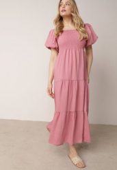 Różowa Wiskozowa Sukienka z Bufiastymi Rękawami i Marszczoną Górą Liones. Czerwone sukienki damskie Born2be, na co dzień, na lato, uniwersalny, bez wzorów, z jeansu, wakacyjne, bez kołnierzyka, bez ramiączek, maxi, proste. Za 89.99 zł.