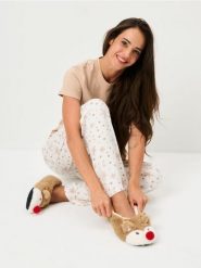 Oceplane kapcie z futerkiem w kształcie renifera - beżowy. Brązowe kapcie damskie Sinsay. Za 25.99 zł.