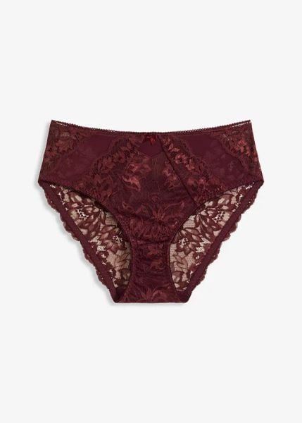 Figi z wysokim stanem z delikatnej koronki. Czerwone figi damskie bonprix, bez wzorów, z koronki. Za 42.99 zł.