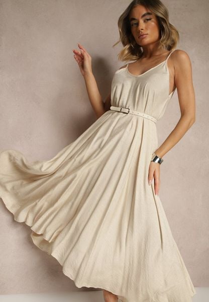 Beżowa Wiskozowa Sukienka o Rozkloszowanym Kroju Ozdobiona Cyrkoniami Tosnaria. Brązowe sukienki damskie Renee, l, bez wzorów, z wiskozy, eleganckie, bez kołnierzyka, bez ramiączek, maxi, rozkloszowane. Za 89.99 zł.