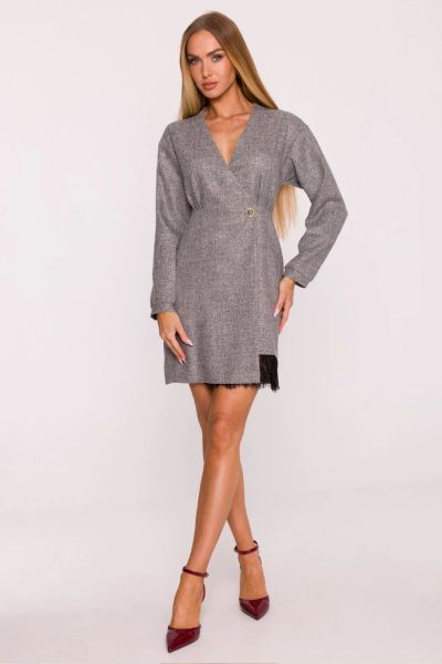Elegancka sukienka tweedowa trapezowa kopertowa szara. Szare sukienki damskie MOE, do pracy, xxl, bez wzorów, z koronki, biznesowe, bez kołnierzyka, bez ramiączek, kopertowe. Za 379.00 zł.