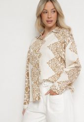 Beżowa Wiskozowa Koszula z Lnem w Ornamentalny Wzór Avellia. Brązowe koszule damskie Born2be, na lato, l, bez wzorów, z wiskozy, eleganckie, bez kołnierzyka, bez ramiączek. Za 79.99 zł.