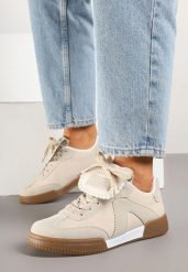 Beżowe Sneakersy Tenisówki z Ozdobnym Językiem Alaviela. Brązowe trampki i tenisówki damskie Born2be, bez wzorów, z jeansu. Za 89.99 zł.