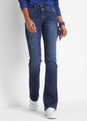 Jeansy ze stretchem o kroju bootcut, mid waist. Niebieskie jeansy damskie bonprix. Za 139.99 zł.