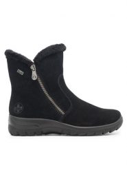 Rieker Botki L7162-00 Czarny. Czarne botki damskie Rieker, ze skóry, bez obcasa, na płaskiej podeszwie, bez zapięcia. Za 389.99 zł.