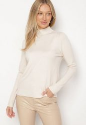 Jasnobeżowy Gładki Sweter z Półgolfem w Stylu Casual Unallia. Brązowe swetry klasyczne damskie Born2be, l, z jeansu, bez kołnierzyka. Za 59.99 zł.