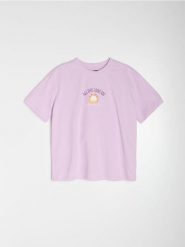Bawełniana koszulka z nadrukiem Garfield - fioletowy. Fioletowe t-shirty damskie Sinsay, l, bez wzorów, z bawełny, bez kołnierzyka. Za 39.99 zł.